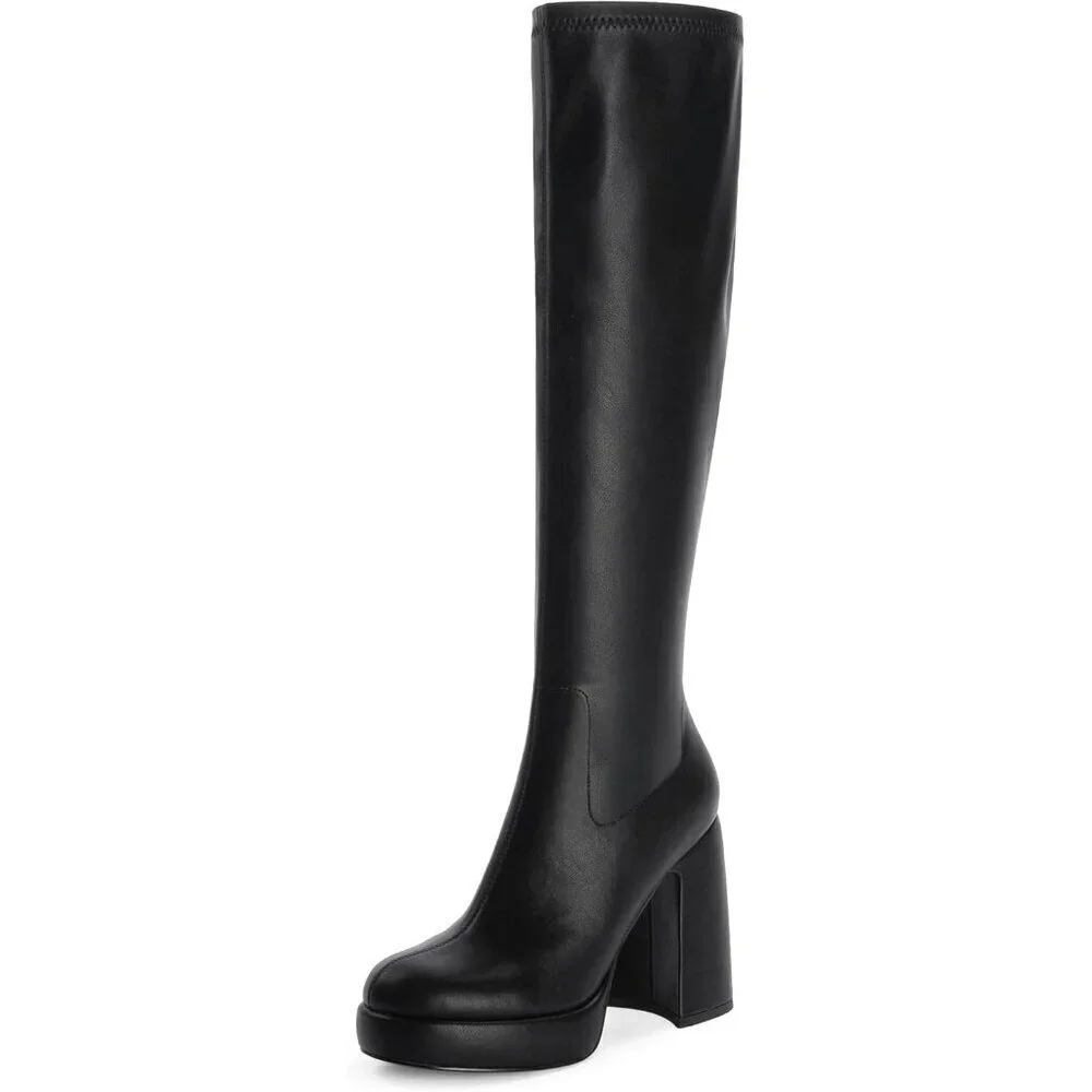 Women's Black Platform Knee High Boots Chunky Heel Rounded Toe Zipper